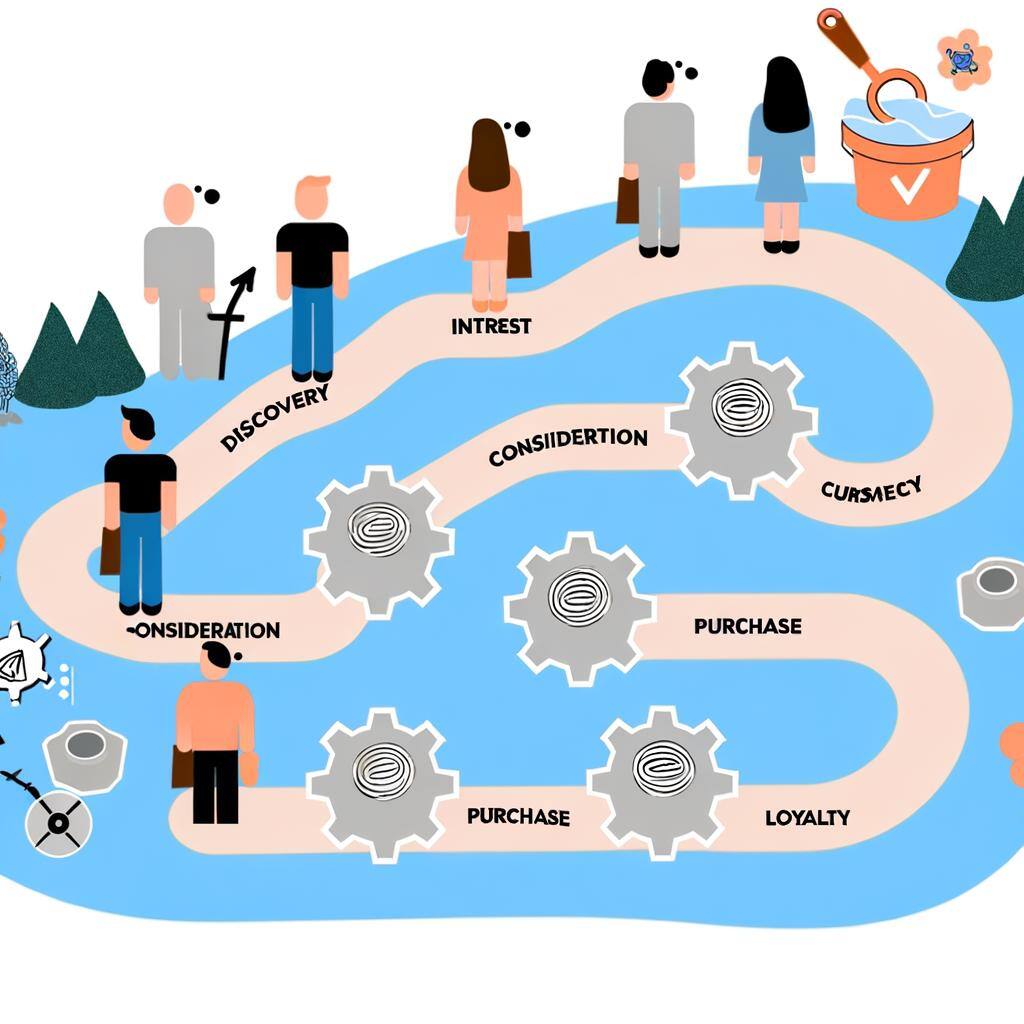 Illustration of a personalized customer journey map depicted as a pathway with different stations, each one representing a different stage of customer engagement. The pathway begins with discovery, where the customer first learns about a product or service, moving through interest, consideration, purchase, and finally, loyalty, represented as the final station. The pathway is strewn with HubSpot's signature sprocket logo and other abstract symbols representing marketing tools. Various anonymous users, male and female of South Asian and Hispanic descent, are shown interacting with these elements. No specific individuals or copyrighted symbols are depicted.